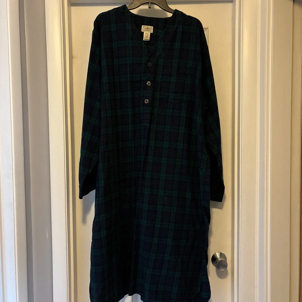 LL Bean Sleepshirt Mens XL Blue Green Tartan Flannel Long Sleeve Lounge Pajama